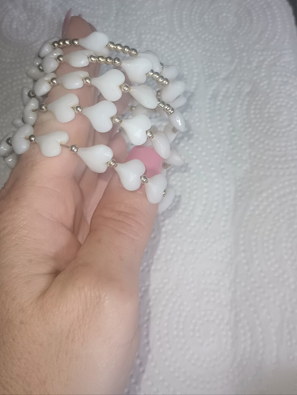 White Heart Bead Stretch Bracelet Stack